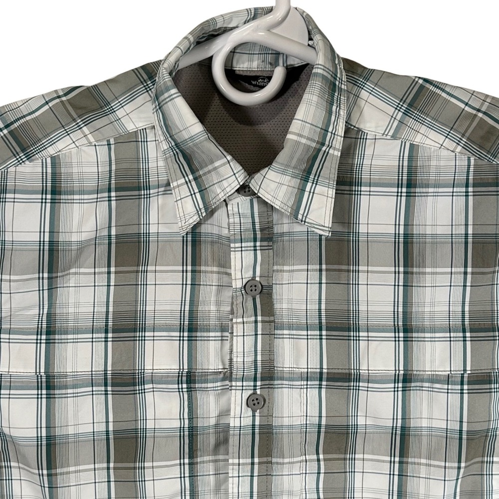 Wrangler Mens Plaid Short Sleeve Button Down Shirt Grey White Teal Small